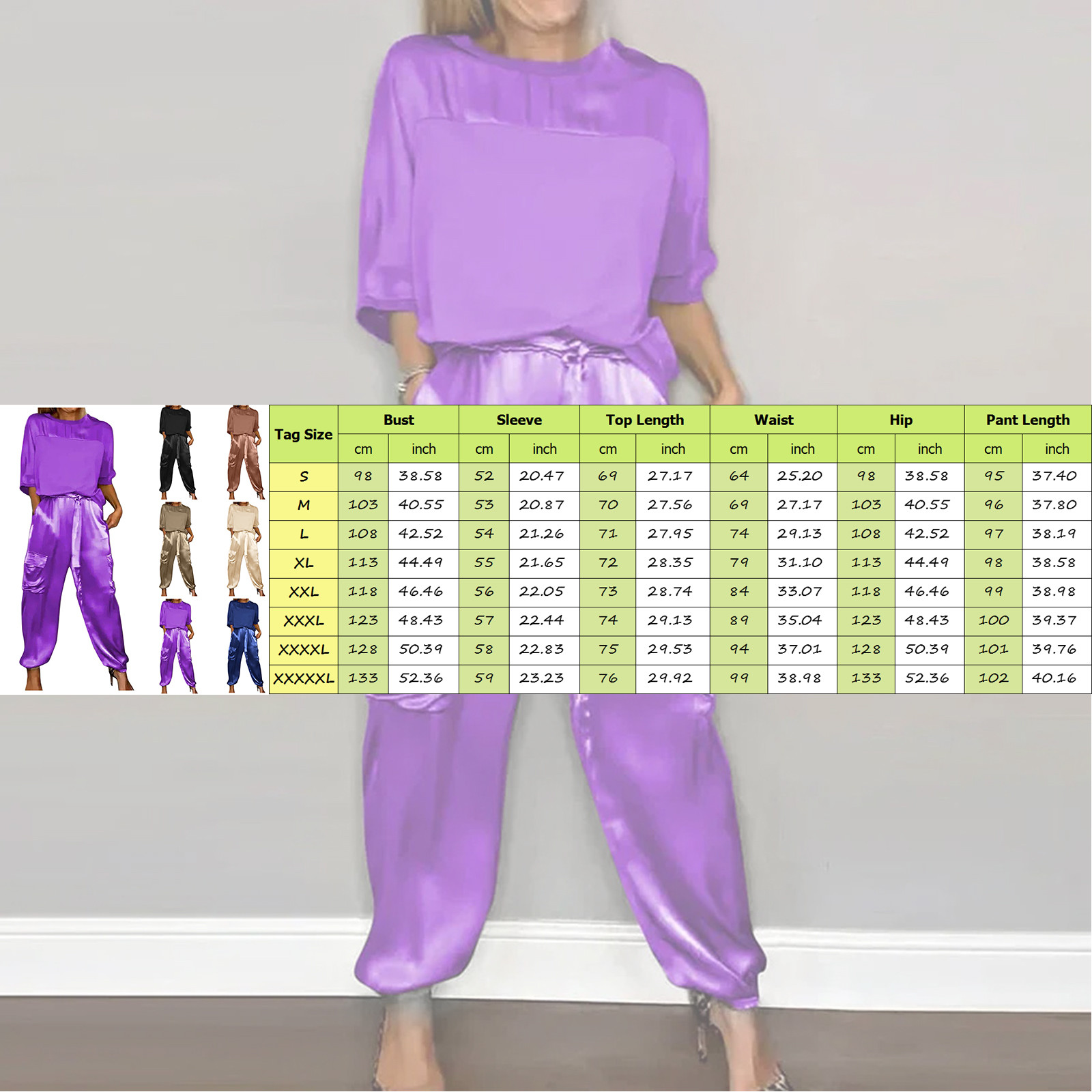 thumbnail image 3 of Conjunto de pijama de mujer con top de manga media y pantalones de satén suave - Poliéster spandex, estampado, para todas las estaciones - S-XXXXXL, 3 of 5